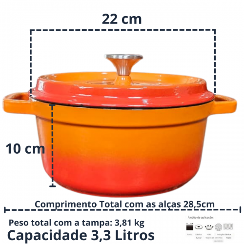 CAÇAROLA DE FERRO ESMALTADA LARANJA 22cm 3,3 Litros