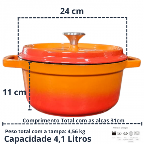 CAÇAROLA DE FERRO ESMALTADA LARANJA 24cm 4,1 Litros LWG