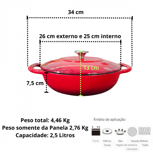 Panela Sopa DE FERRO ESMALTADA Vermelha 26cm 2,5 Litros