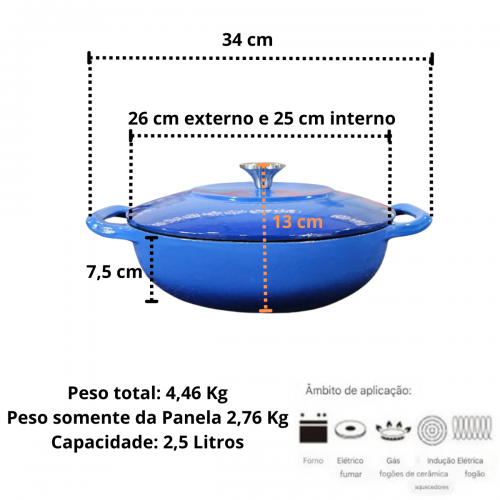 Panela Sopa DE FERRO ESMALTADA Azul 26cm 2,5 Litros LWG