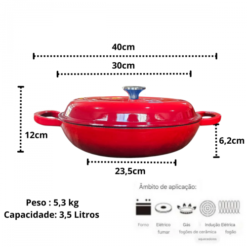 Paella de Ferro Esmaltada 30cm Vermelha 3,5 Litros LWG