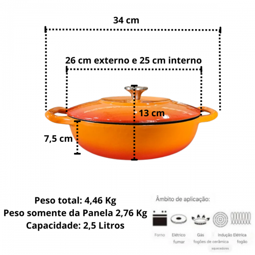 Panela Sopa DE FERRO ESMALTADA Laranja 26cm 2,5 Litros LWG