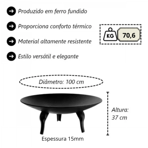LAREIRA FERRO FUNDIDO 1 METRO PRETA LIBANEZA