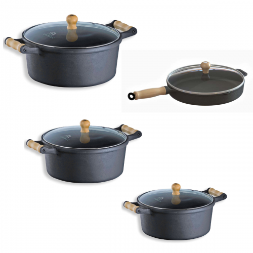 Kit 3 Ca�arolas De Ferro 16 ,18, 20 Cm + 1 Frigideira 22 Cm Tampas de Vidro