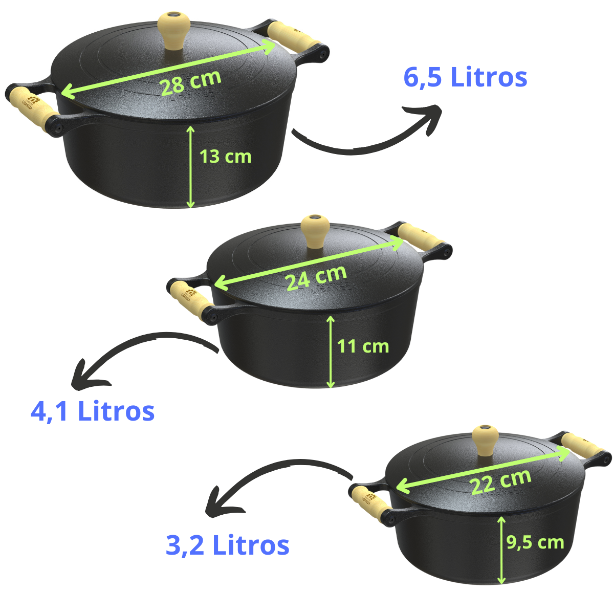 Kit 3 Panelas Caçarola De Ferro 28cm 24cm 22cm TF Libaneza