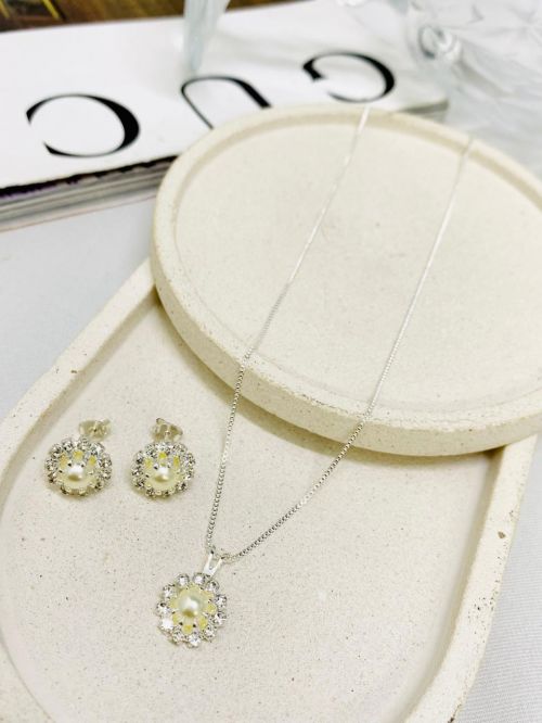 Conjunto P�rola Cravejado Prata