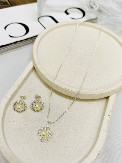 Conjunto P�rola Cravejado Prata