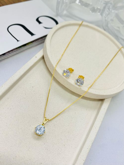 Conjunto Moissanite  Redondo Dourado