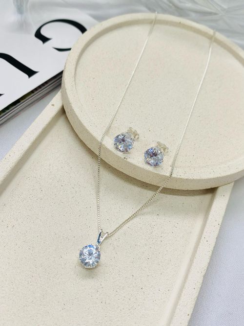 Conjunto Moissanite Redondo Prata