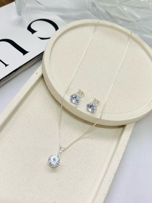 Conjunto Moissanite Redondo Prata