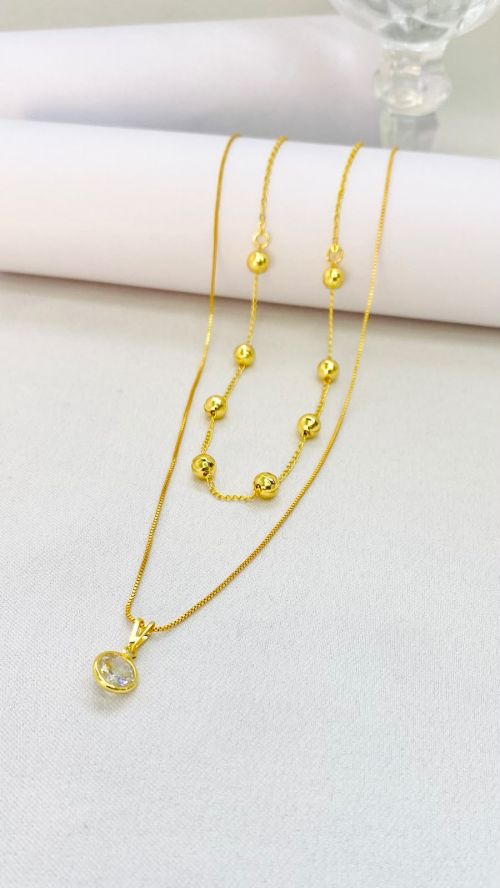 Colar Duplo Bolinha Laminada Pingente Zirc�nia Dourado