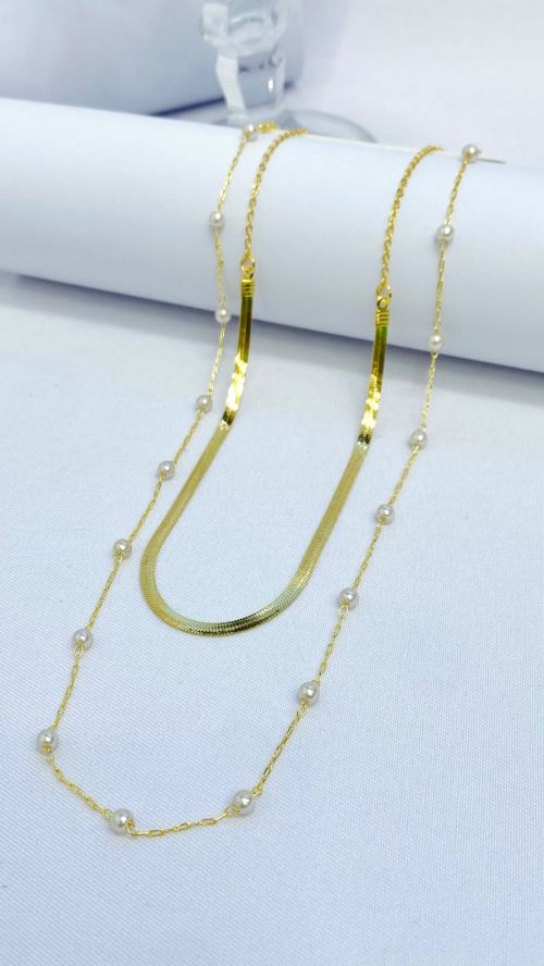 Colar Duplo Fita e Perola Dourado