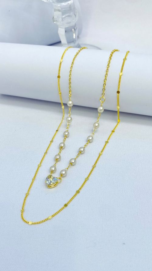 Colar Duplo Perola e Cora��o Brilhante Dourado