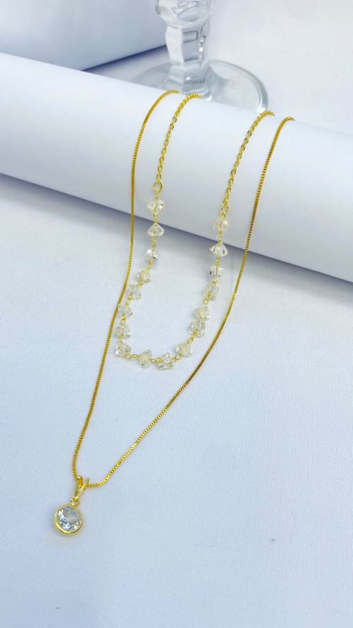 Colar Duplo Cascalho Ponto de Luz Dourado