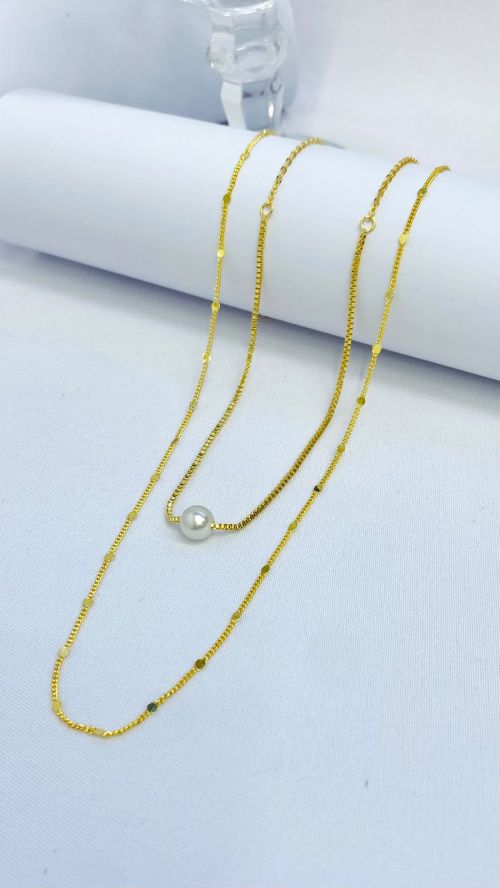 Colar Duplo Pontilhado Pingente Perola Dourado