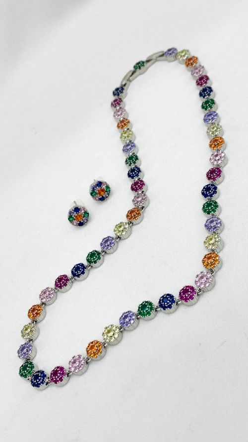 Conjunto Redondo Colorido Inspira��o Swarovski Prata