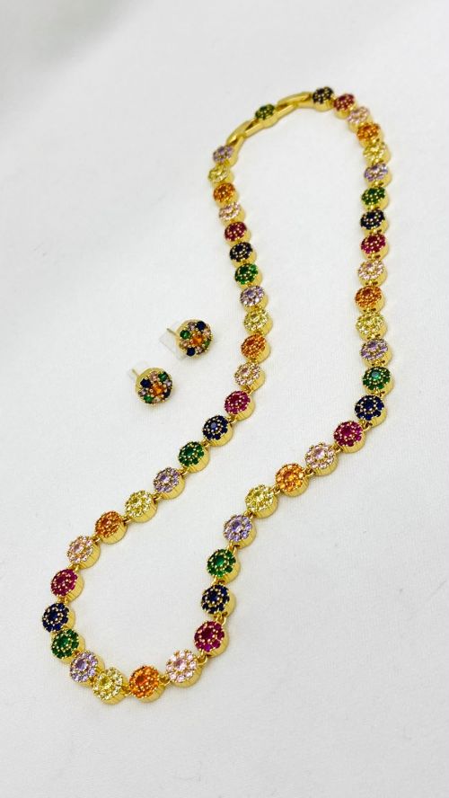 Conjunto Redondo Colorido Inspira��o Swarovski Dourado