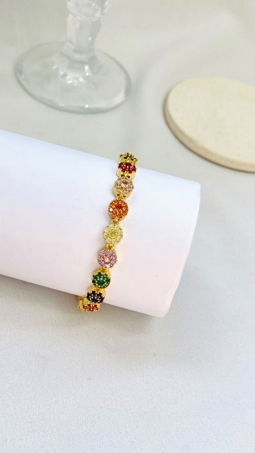 Pulseira Redonda Colorida Inspira��o Swarovski Dourado
