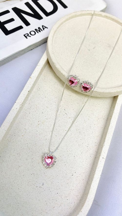 Conjunto Cora��o Realeza Cravejado Prata