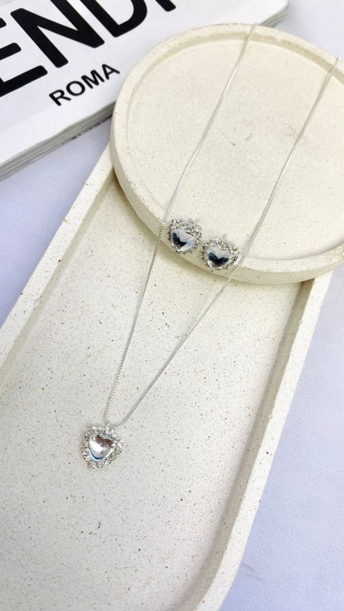 Conjunto Cora��o Realeza Cravejado Prata