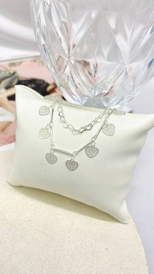 Pulseira Dupla Tubinho Cora��o Detalhado Prata