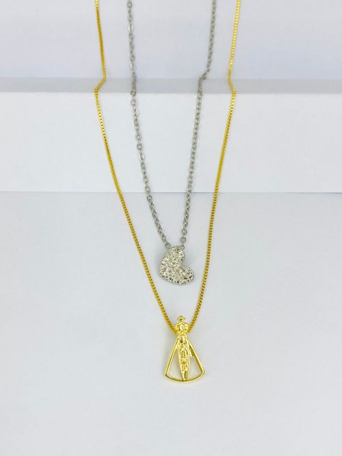 Colar Duplo Nossa Senhora do Cora��o Dois Banho Premium