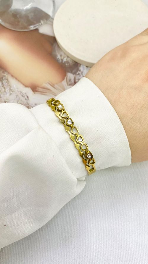 Bracelete Cora��o Cristalino Dourado A�o Inox