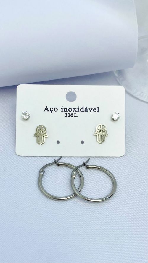 Brinco Trio Argola M�o de Fatima Prata