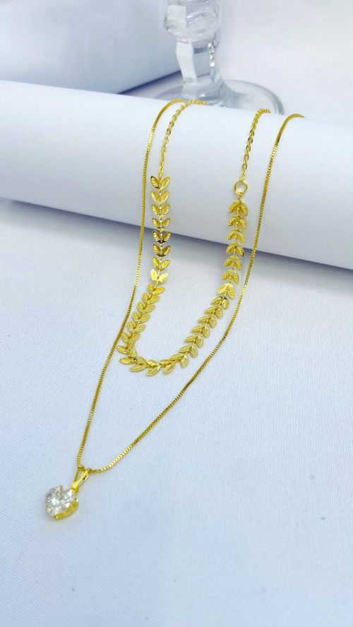 Colar Duplo Escama e Cora��o Dourado