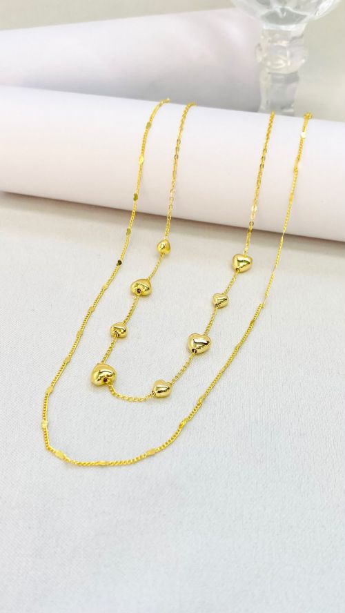 Colar Duplo Pontilhado Cora��o Dourado