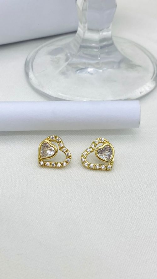 Brinco Cora��o Duplo Cravejado Dourado