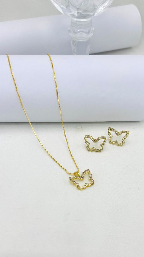 Conjunto Borboleta Cravejada Dourado