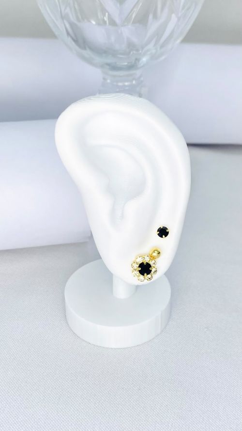 Trio de Brinco Ponto de Luz e Flor Cravejada Dourado