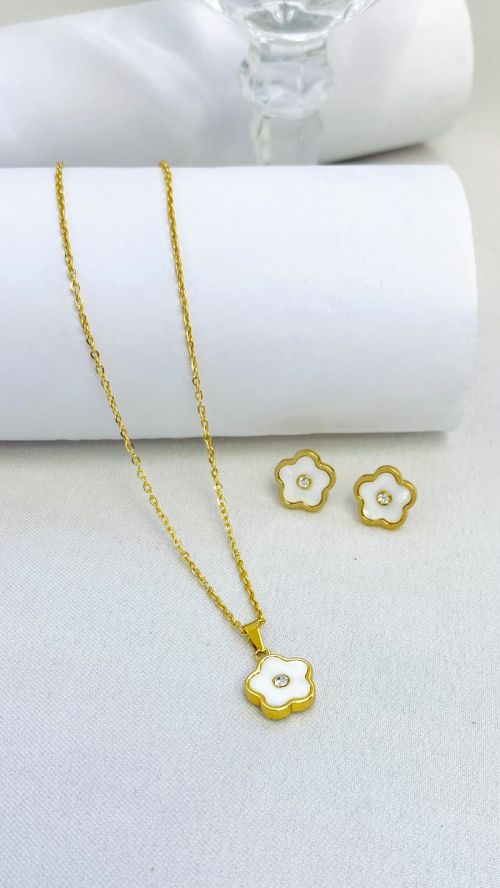 Conjunto Flor Gold Dourado A�o Inox