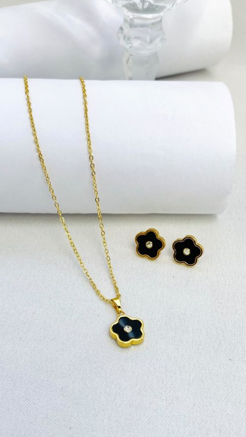 Conjunto Flor Gold Dourado A�o Inox