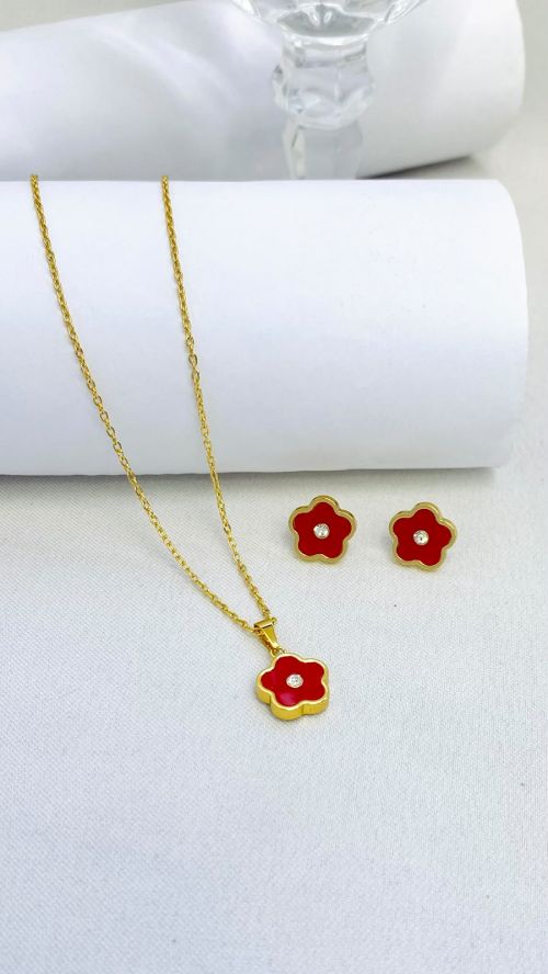 Conjunto Flor Gold Dourado A�o Inox