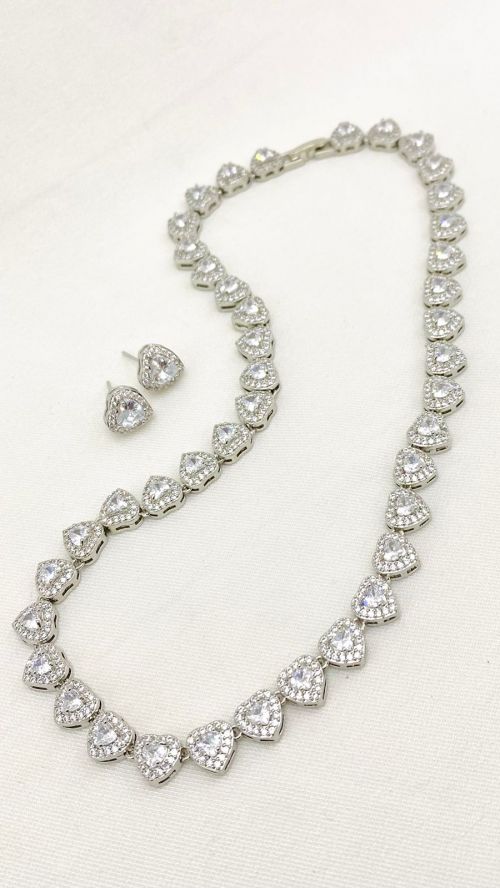 Conjunto Cora��o Mini Cravejado Inspira��o Swarovski Prata