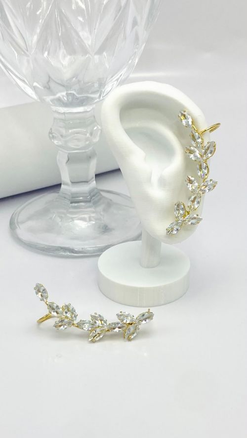 Brinco Ear Cuff Folha de Cristal Dourado