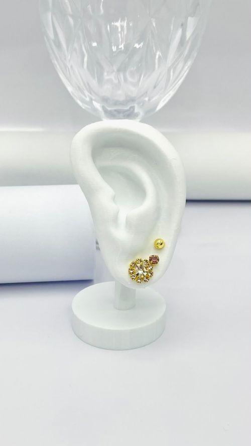 Trio de Brinco Flor Cristal e Ponto de Luz Rosa Dourado