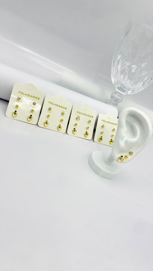 Trio de Brinco Cora��o Mini Cristal Dourado