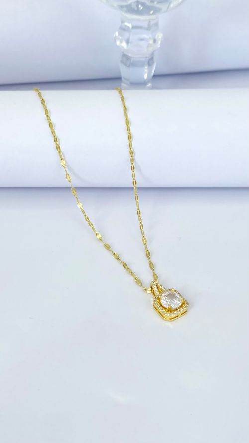 Colar Cristal Quadrado Dourado A�o Inox