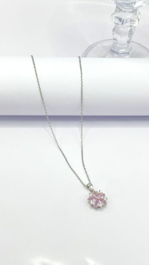 Colar Floral Cristal Reluzente Prata A�o Inox
