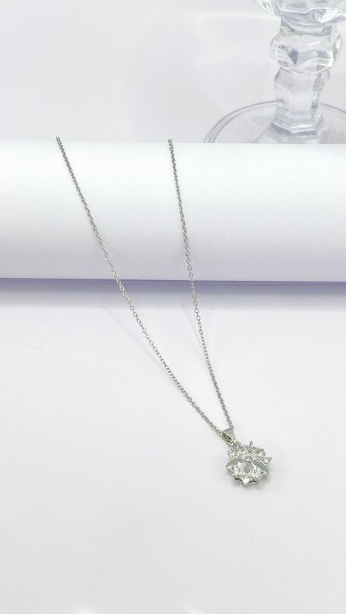 Colar Floral Cristal Reluzente Prata A�o Inox