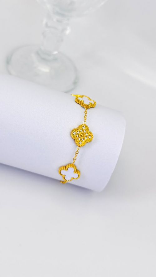 Pulseira Trevo Cristal Virginia Dourado A�o Inox