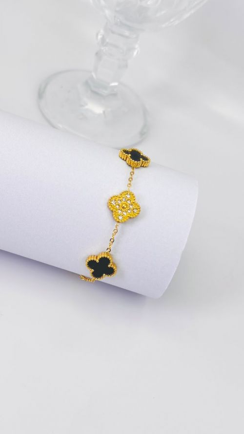 Pulseira Trevo Cristal Virginia Dourado A�o Inox