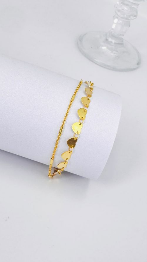 Pulseira Dupla Cora��o Laminado Dourado