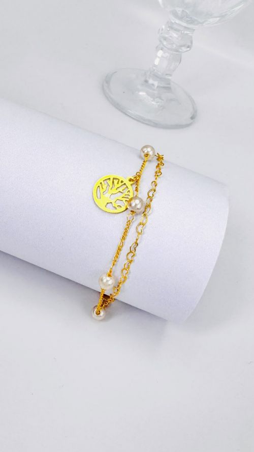 Pulseira Dupla Perola �rvore da Vida Dourado