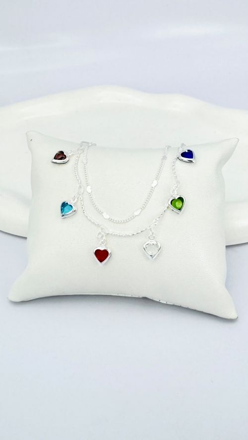 Pulseira Dupla  Cora��o Colorido Tiffany Prata