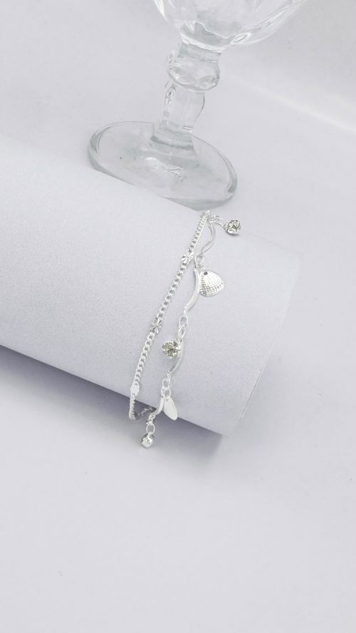 Pulseira Dupla Conchas Ponto de Luz Prata