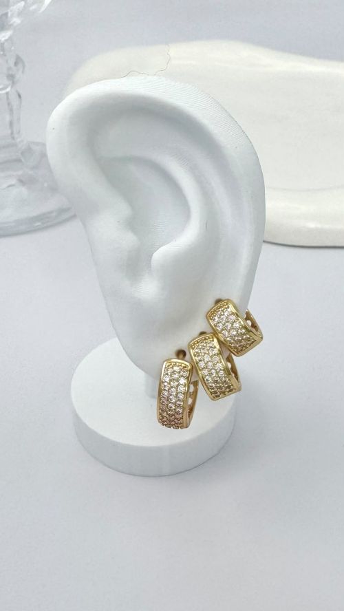 Trio Argola Cravejada Tres Filas Dourado